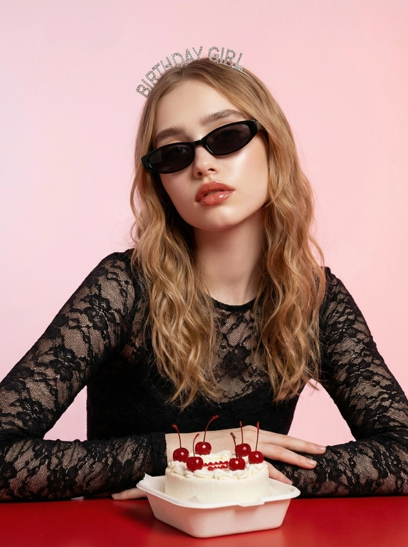 Создайте AI fashion-фотосессию «Birthday Girl» с розовым фоном
