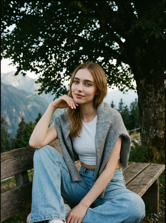 Создайте ИИ-фото себя на лавке под деревом в стиле fashion