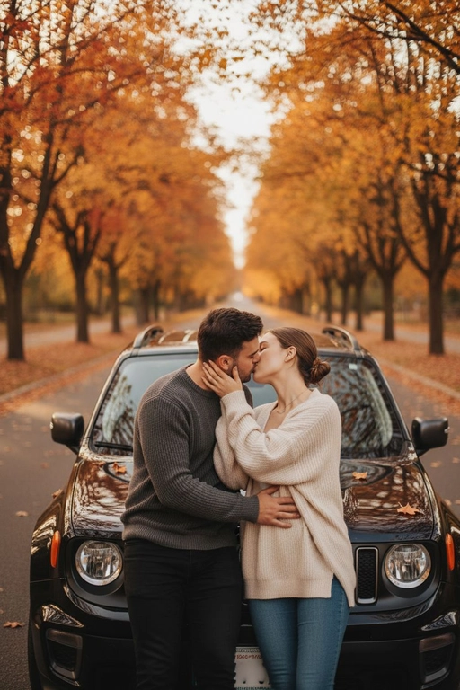 Поцелуй на капоте авто: ИИ-фото пары на машине, романтика