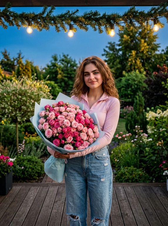 Создайте ИИ-фото себя с букетом на вечерней террасе