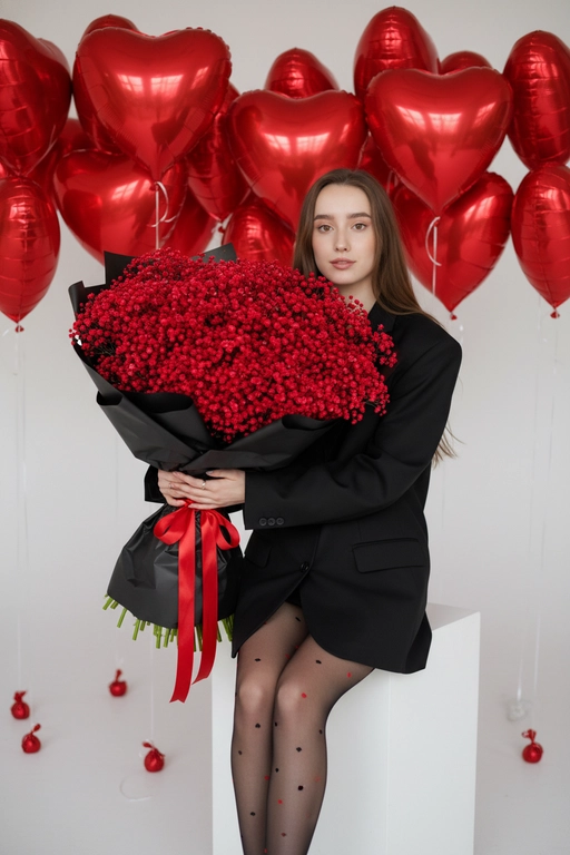 Создайте ИИ-портрет с букетом и шарами-сердцами в стиле Vogue
