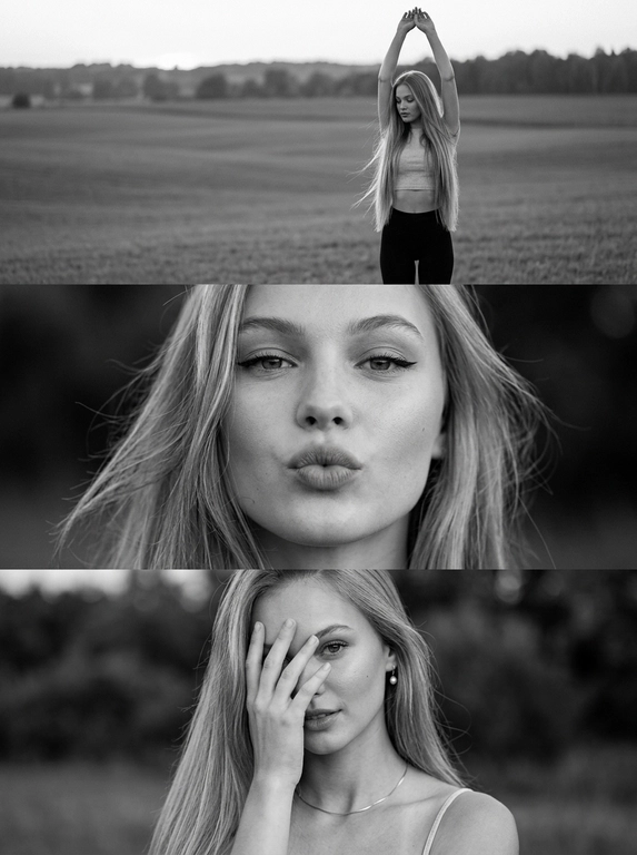 Создайте ч/б ИИ-фото коллаж с собой в поле