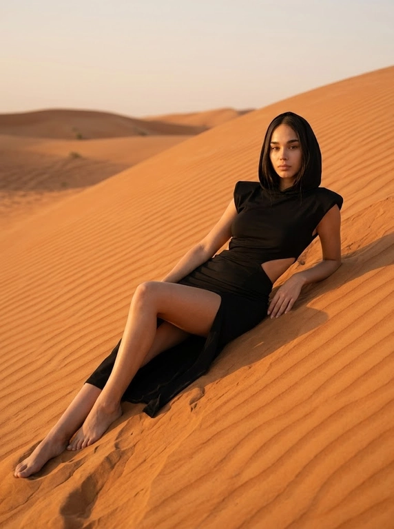 Создайте ИИ-фото себя на дюне в чёрном образе на закате