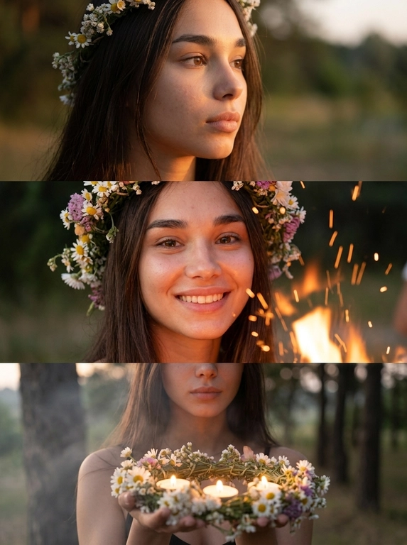 Создайте ИИ-фотоколлаж на Иван Купала с венком и огнём