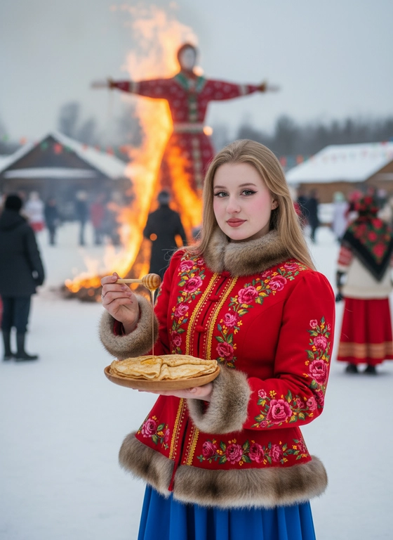 Масленичное ИИ-фото в традиционном костюме и с блинами