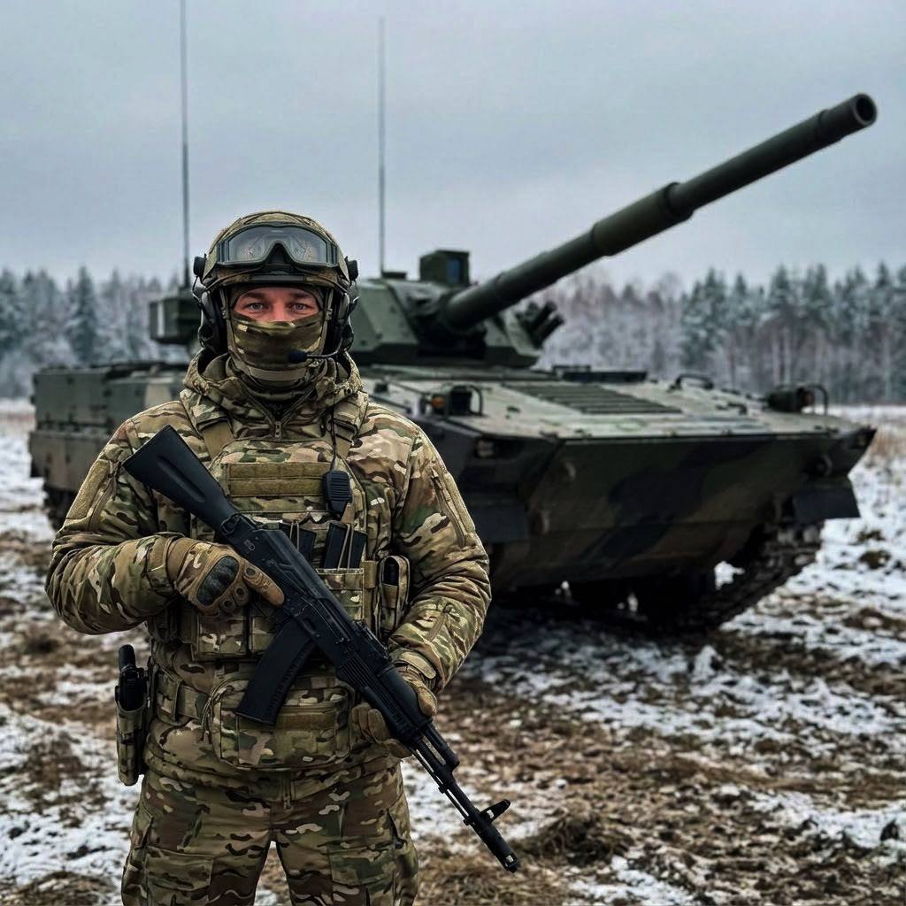 Мужчина военнослужащий в полном снаряжении...
