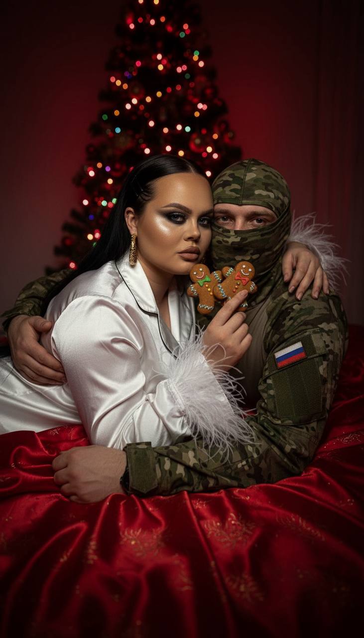 Лицо полубоком, на фоне за елкой красная п...