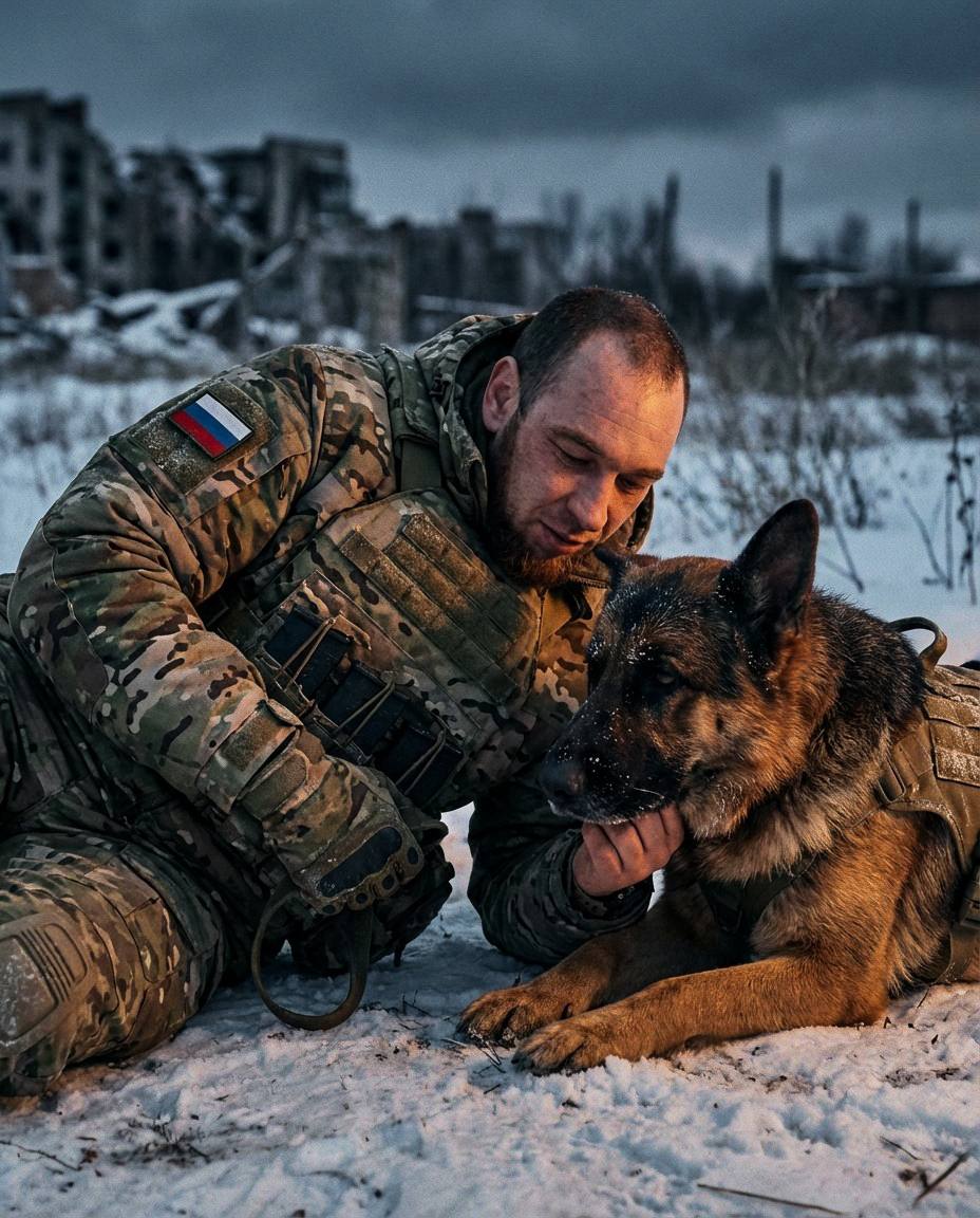 Военный мужчина с собакой-помощником, лежа...