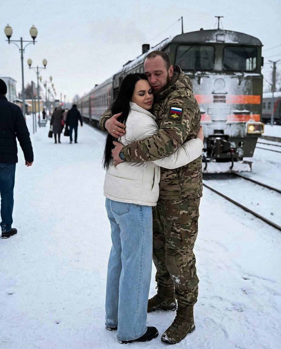 Сцена объятия между военнослужащим и деву...