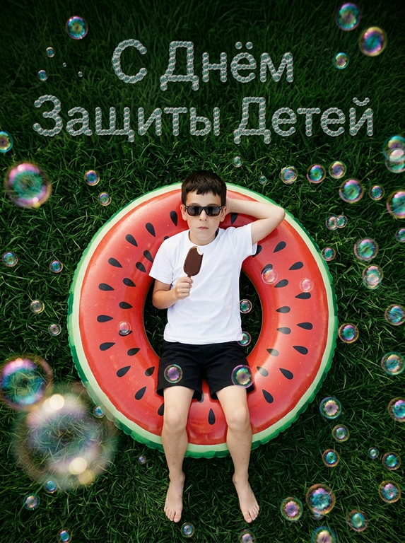 Создайте летнее ИИ-фото ребёнка среди мыльных пузырей