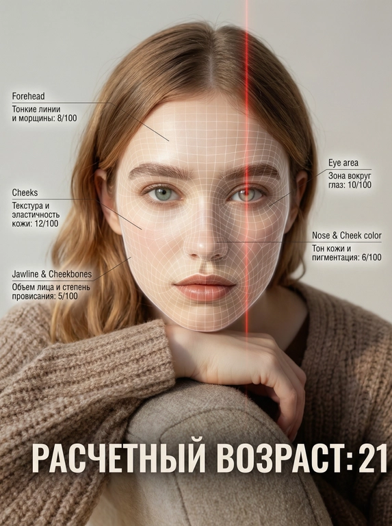 Тест на возраст: ИИ-анализ кожи и инфографика старения по фото