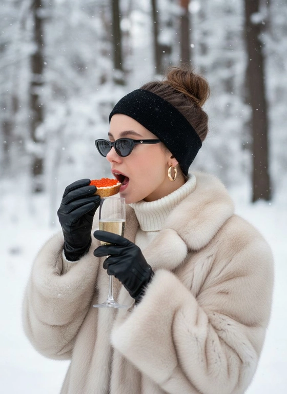 Создайте портрет Slavic Girl с икрой и шампанским через нейросеть