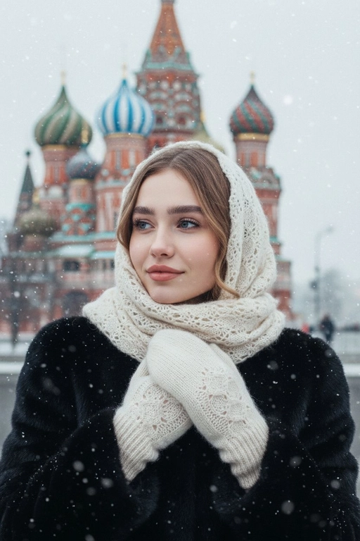 Портрет в пуховом платке на Красной площади — создать с ИИ