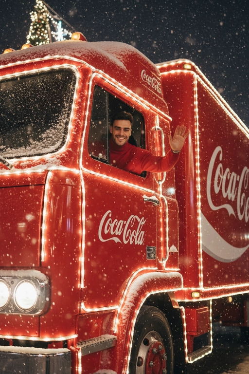 Создайте ИИ-фото с красным грузовиком Coca-Cola на Новый год