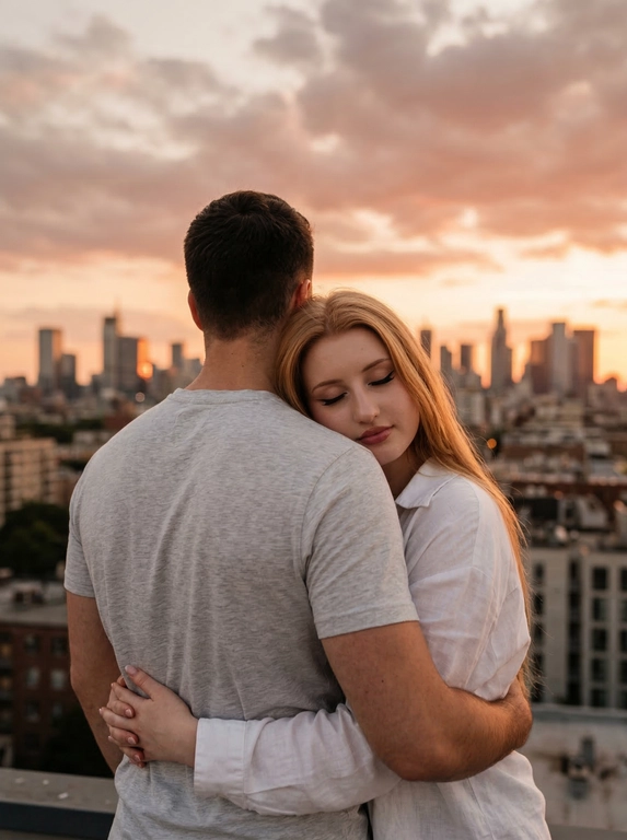 Создайте ИИ-фото объятия на закате в городе