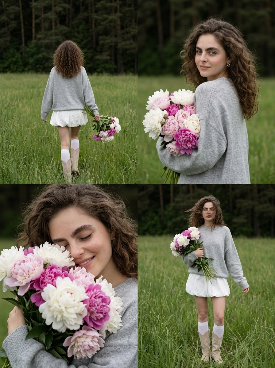 Создайте ИИ-фотоколлаж у соснового леса с пионами