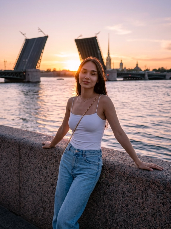 Создайте ИИ-фото у Невы на закате в Петербурге