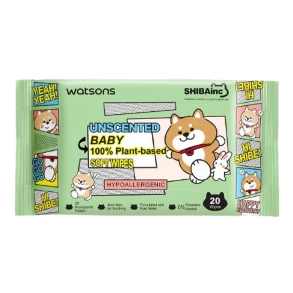 Watsons x Shibainc Unscented Baby 100 Eco-Friendly Soft Wipes 20 sheets. Оригинал
