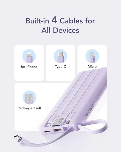 VRURC внешний аккумулятор 10000mAh Power Bank с встроенными кабелями — 5