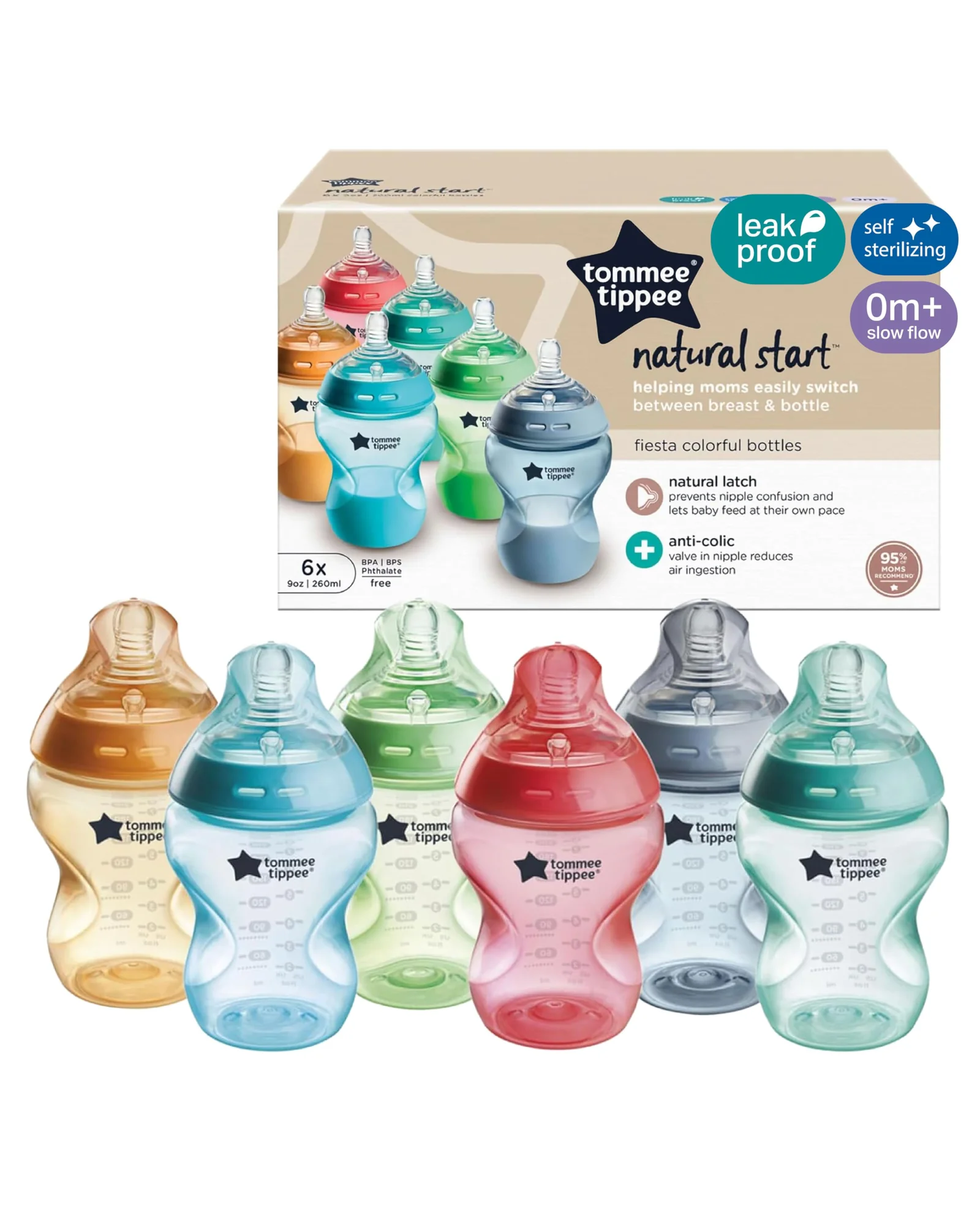 Tommee Tippee Natural Start Бутылочка 9 oz, антиколик, набор 6 штук — мульти