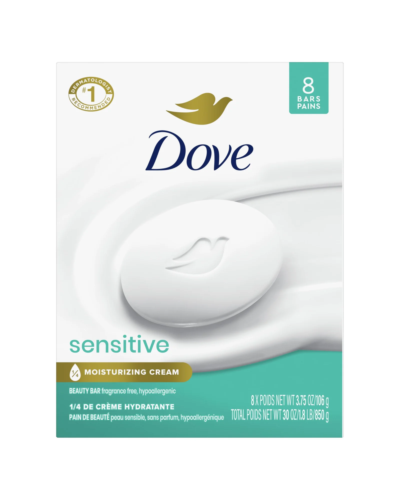 Dove Beauty Bar Sensitive - мыло с увлажняющим кремом для чувствительной кожи 8 шт — белый