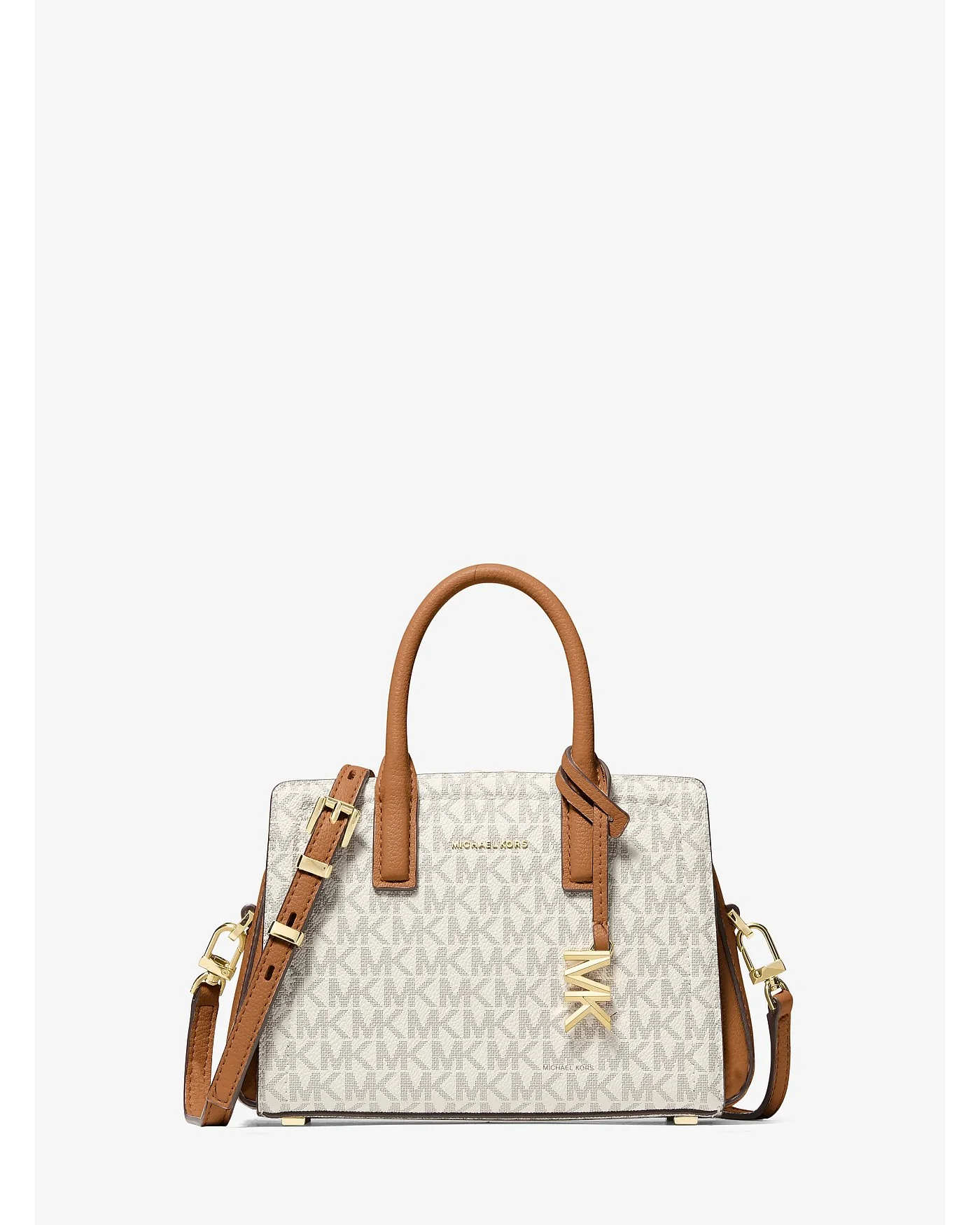 Бежевая сумка Michael Kors Laila с сигнатурным принтом и коричневыми ручками, вид спереди.