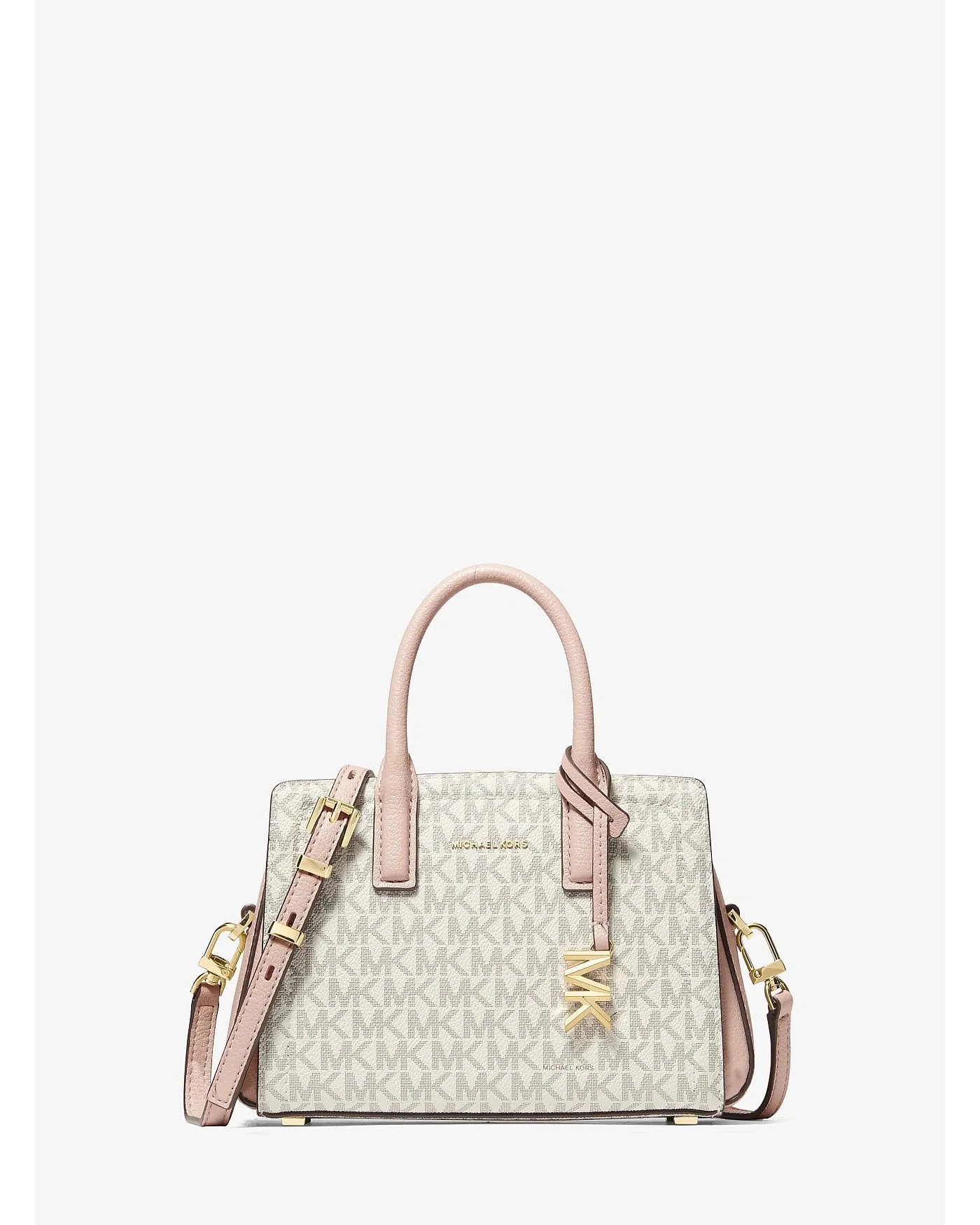 Бежевая сумка Michael Kors Laila с сигнатурным принтом и розовыми ручками, вид спереди.