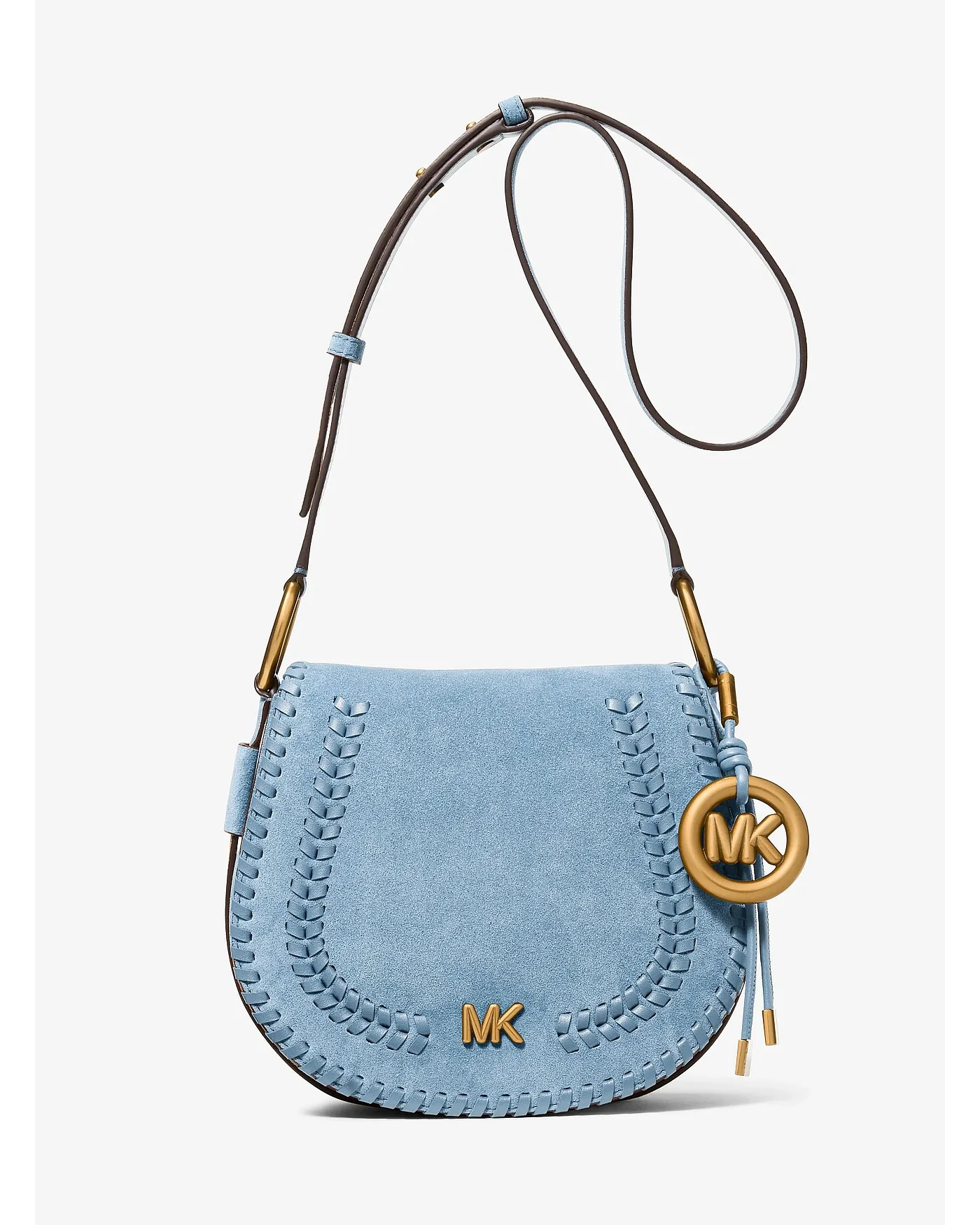 Голубая замшевая сумка Michael Kors Josie с прошёвкой и логотипом MK, вид спереди.