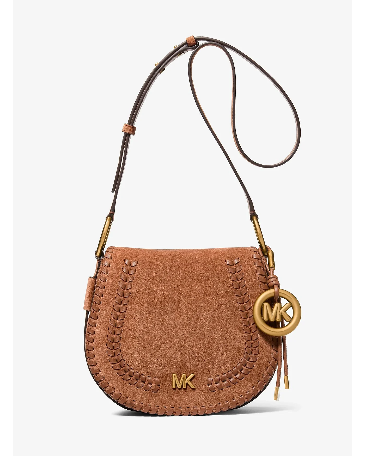 Коричневая замшевая сумка Michael Kors Josie с декоративной строчкой и подвеской, вид спереди.