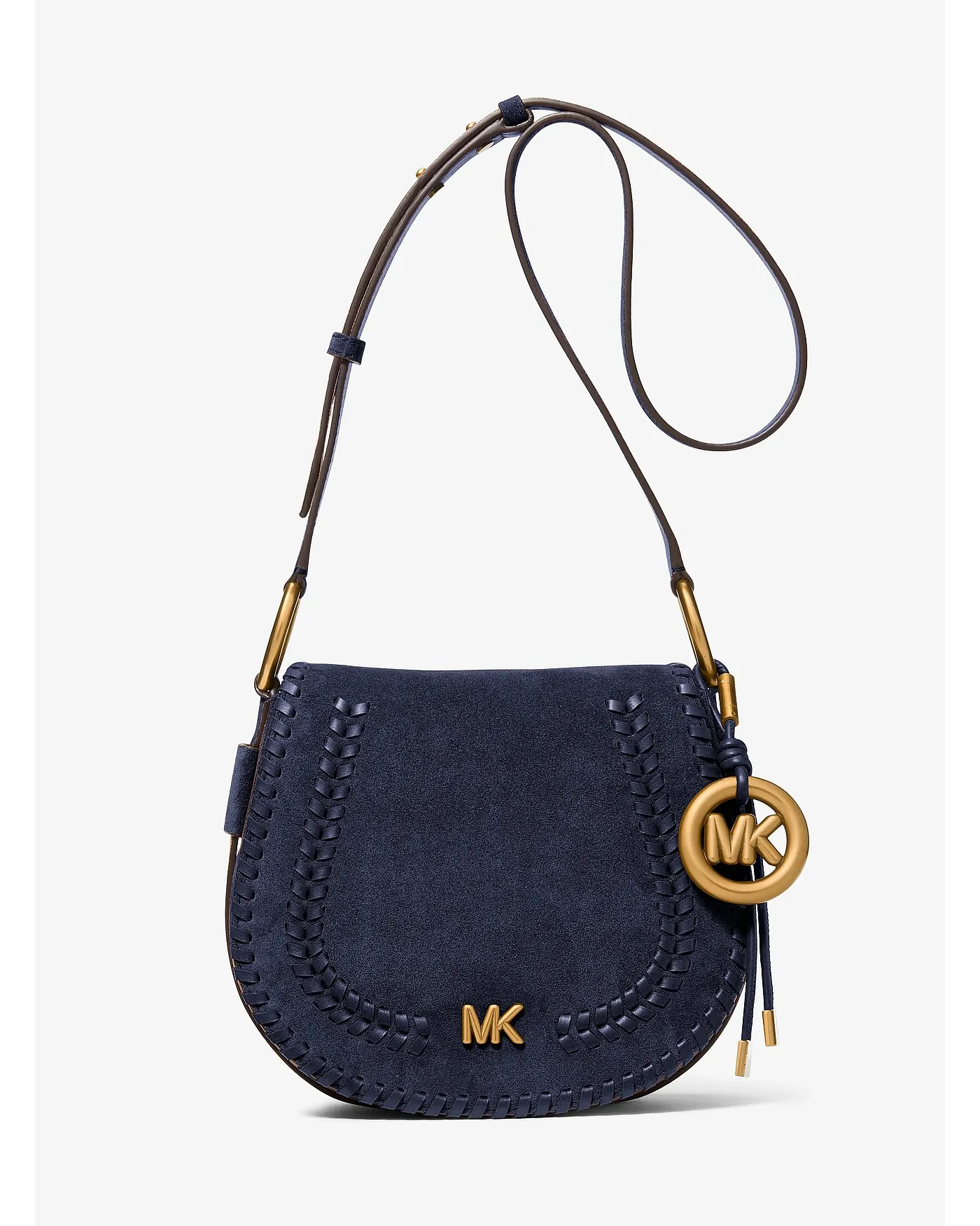 Тёмно-синяя замшевая сумка Michael Kors Josie с вышитым краем и логотипом MK, вид спереди.
