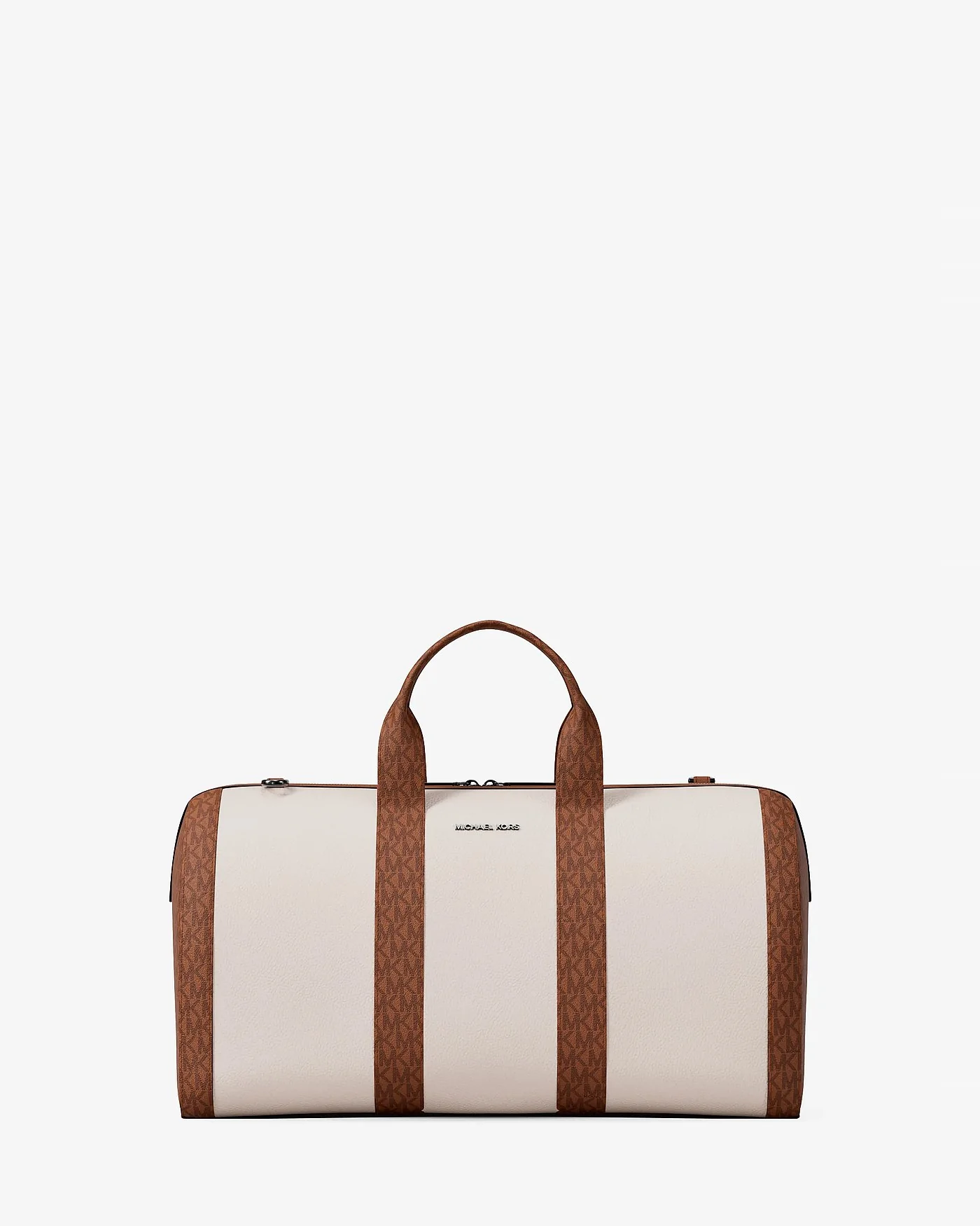 Сумка-дафл Michael Kors Cooper бежево-коричневая с кожаными ручками, вид спереди.