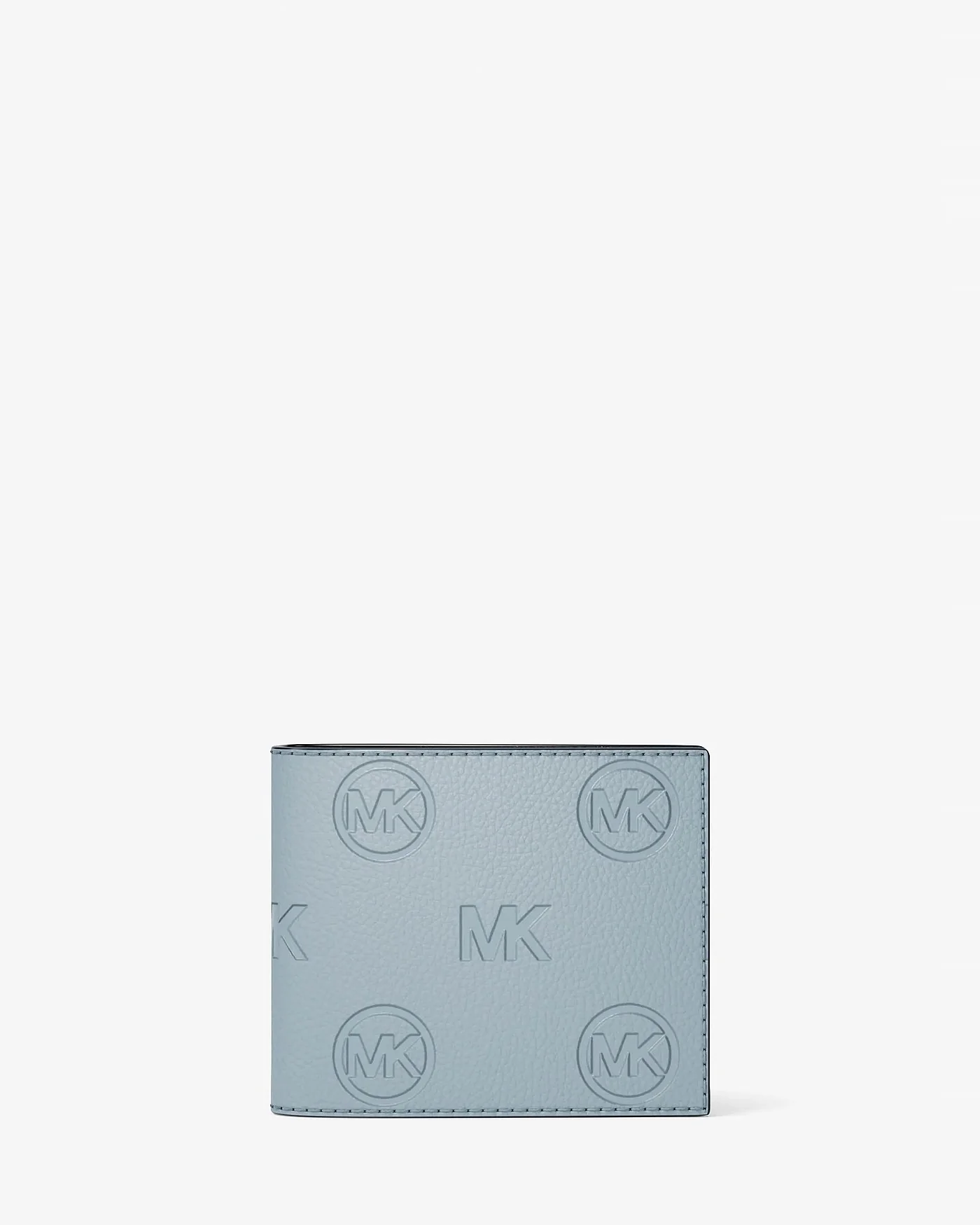 Голубой кошелёк Michael Kors Cooper с повторяющимся логотипом MK, вид спереди.