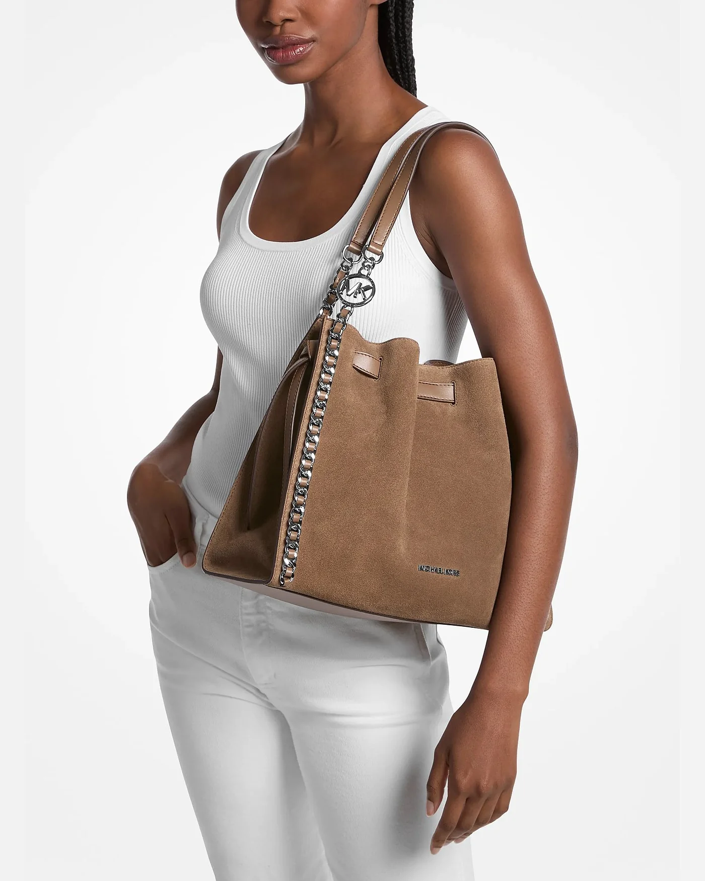Сумка на плечо Mina большого размера из замши с цепочкой — 3