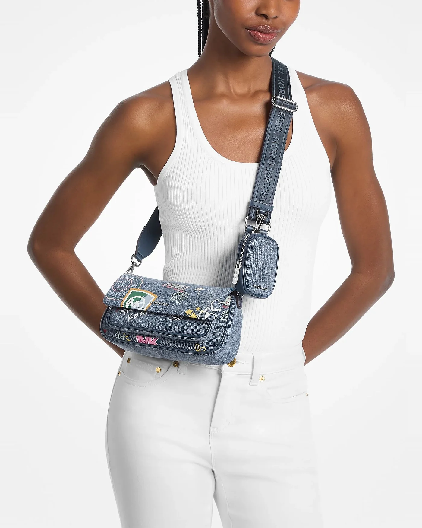 Джинсовая сумка-кроссбоди Michael Kors Jet Set с мини-сумочкой, синяя — 3