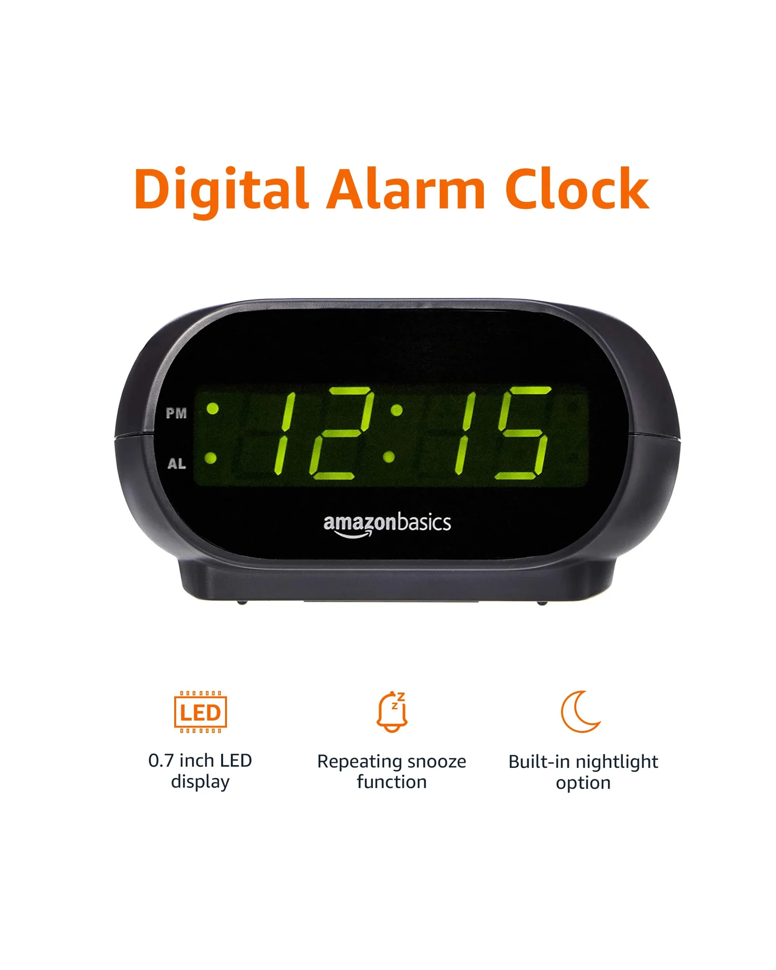 Amazon Basics Small Digital Oval Alarm Clock with LED Display, Nightlight, Snooze Function & Battery — 2