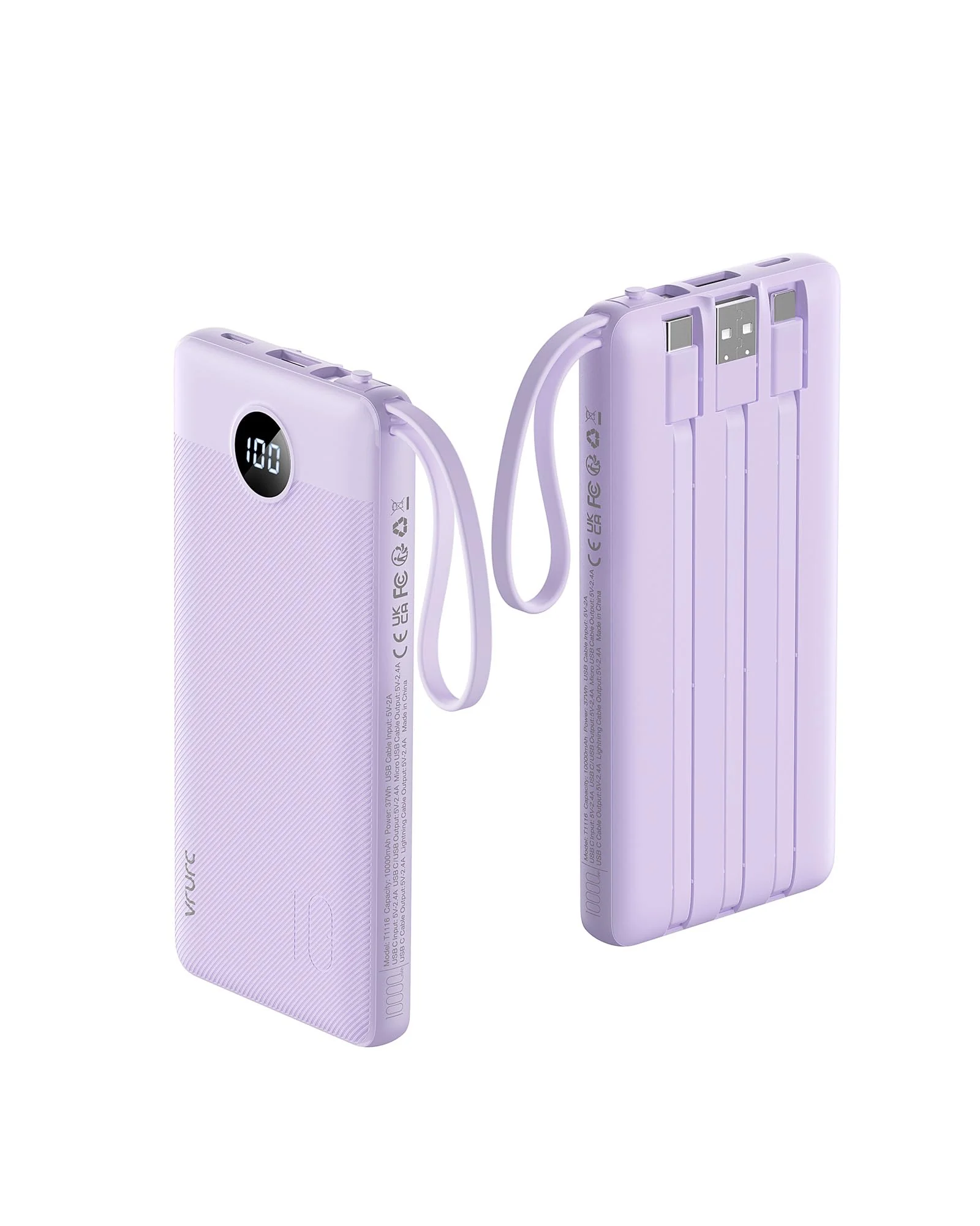 VRURC внешний аккумулятор 10000mAh Power Bank с встроенными кабелями — 1