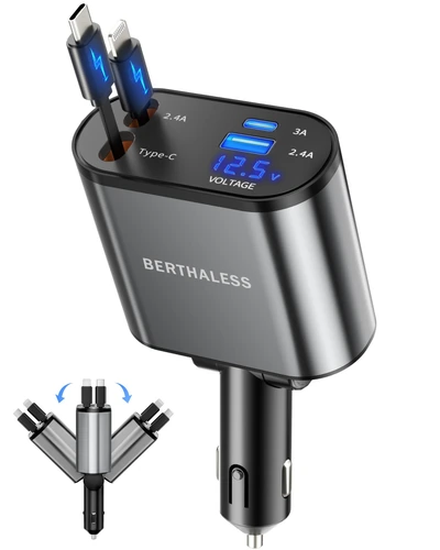 BERTHALESS зарядное устройство автомобильное 4 в 1, выдвижной кабель USB-C и USB-A