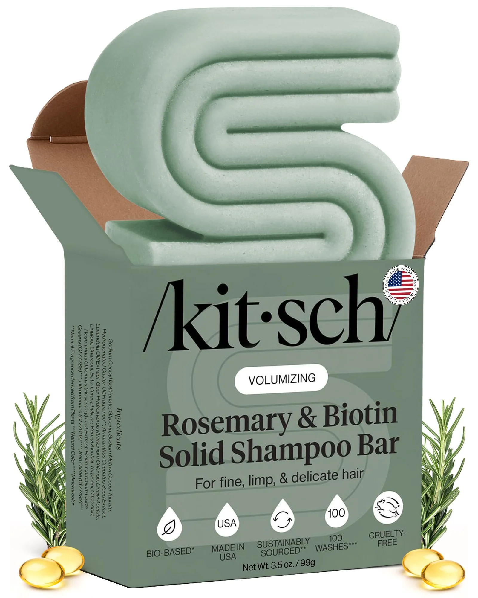 Kitsch Rosemary & Biotin шампунь-брусок для объёма — зеленый