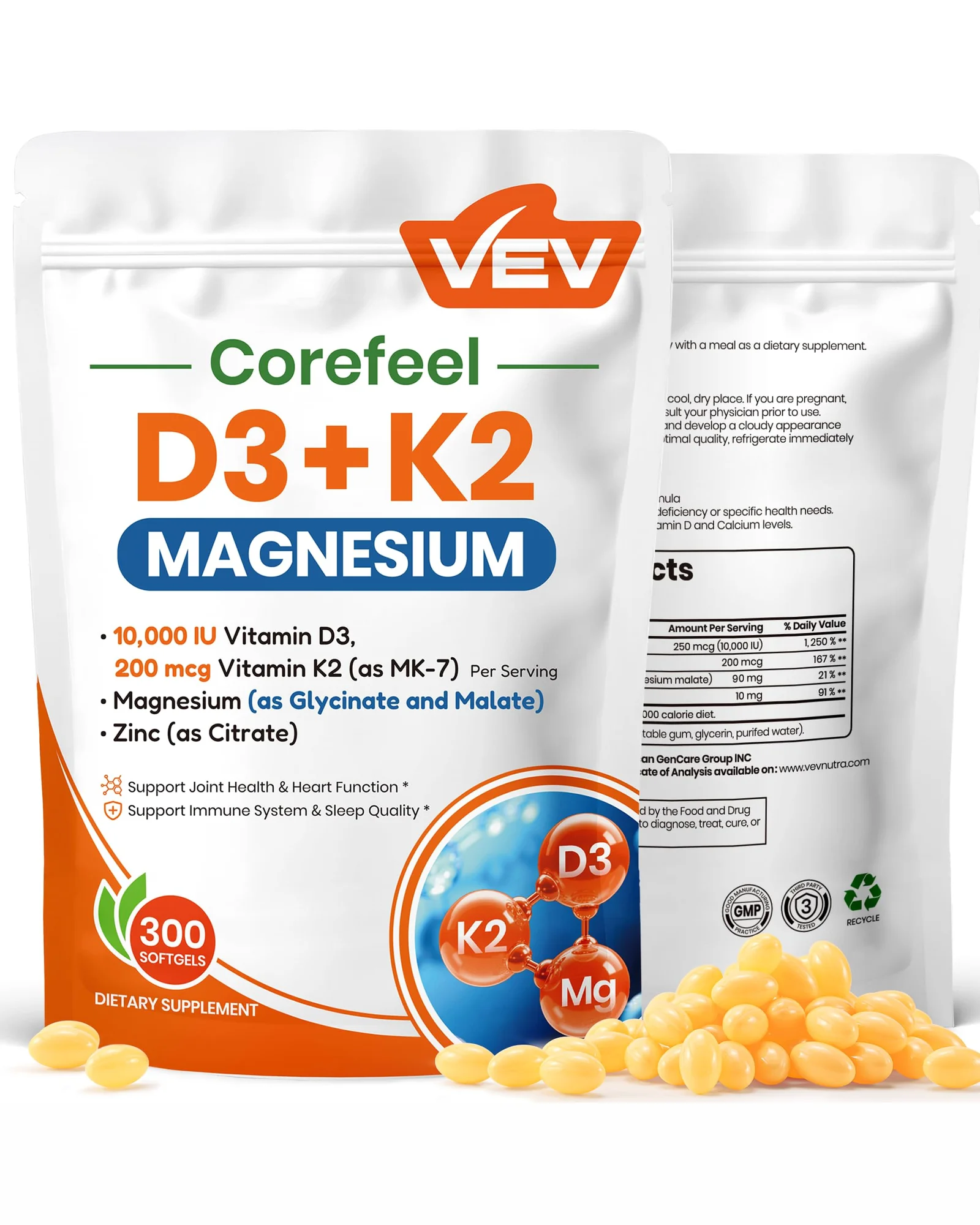 VEV Corefeel витамин D3 K2 с магнием и цинком, 300 капсул — 1
