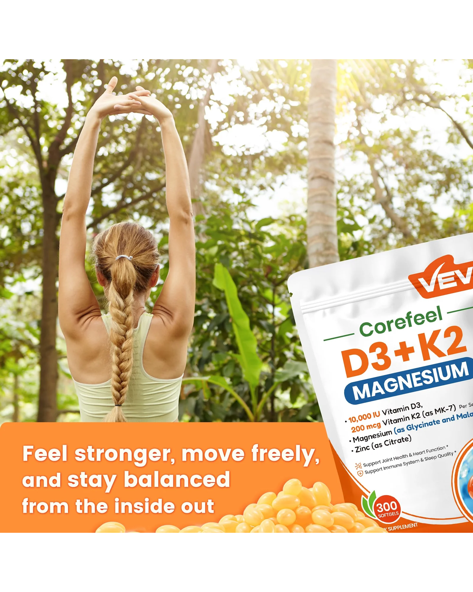 VEV Corefeel витамин D3 K2 с магнием и цинком, 300 капсул — 8