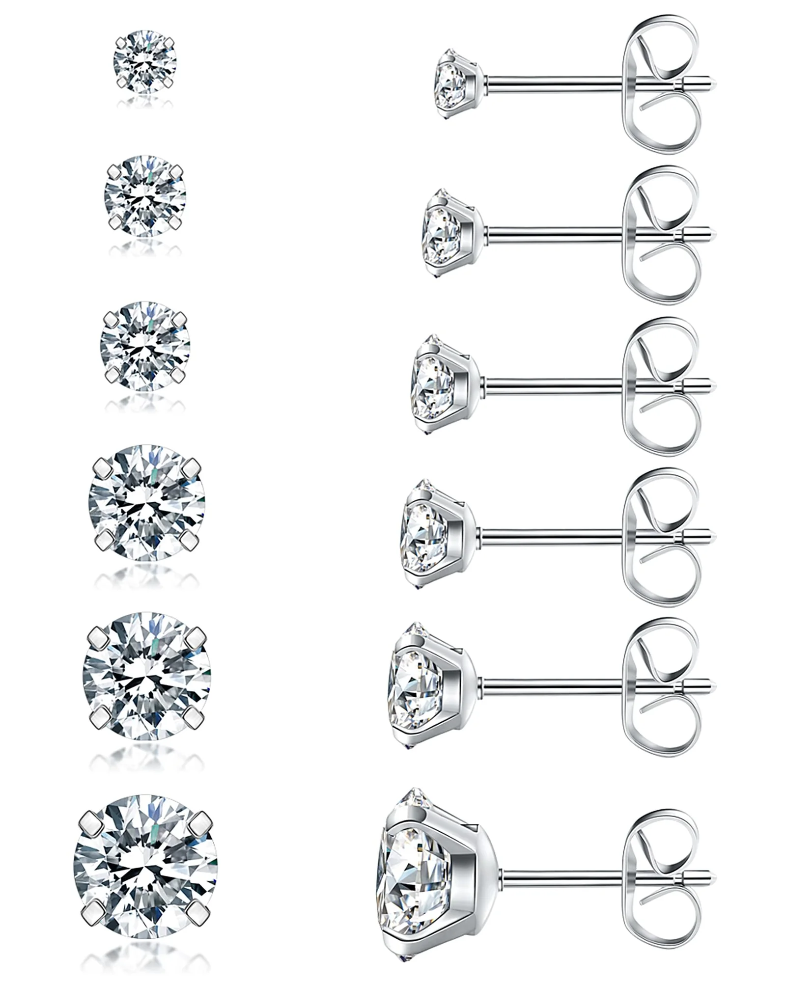 6 Pairs Stud Earrings Set Cubic Zirconia Stainless Steel — 1