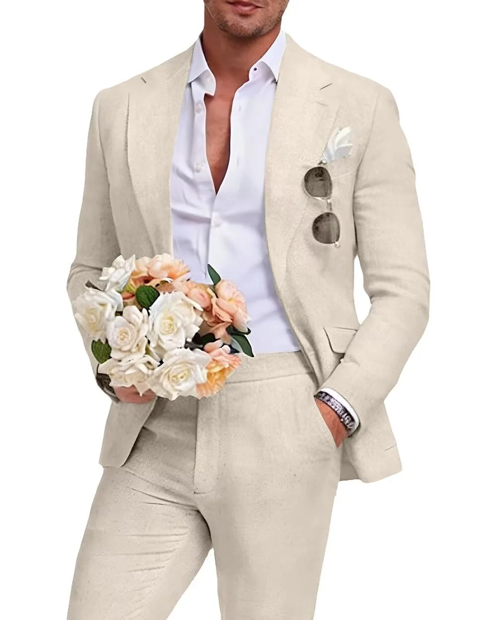 Костюм мужской льняной бежевый slim fit — 1
