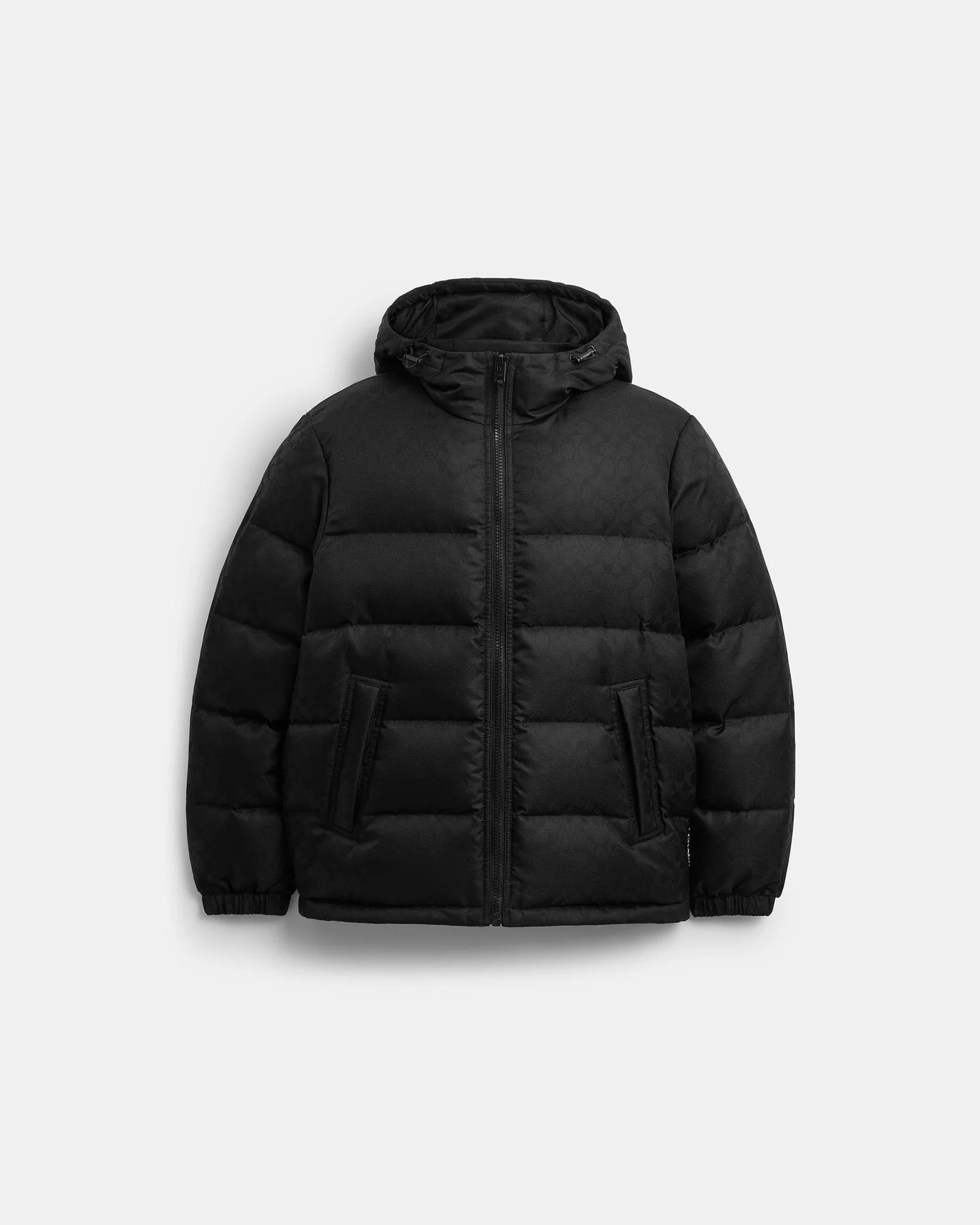 Пуховик Coach с капюшоном и фирменным узором в тон — 7