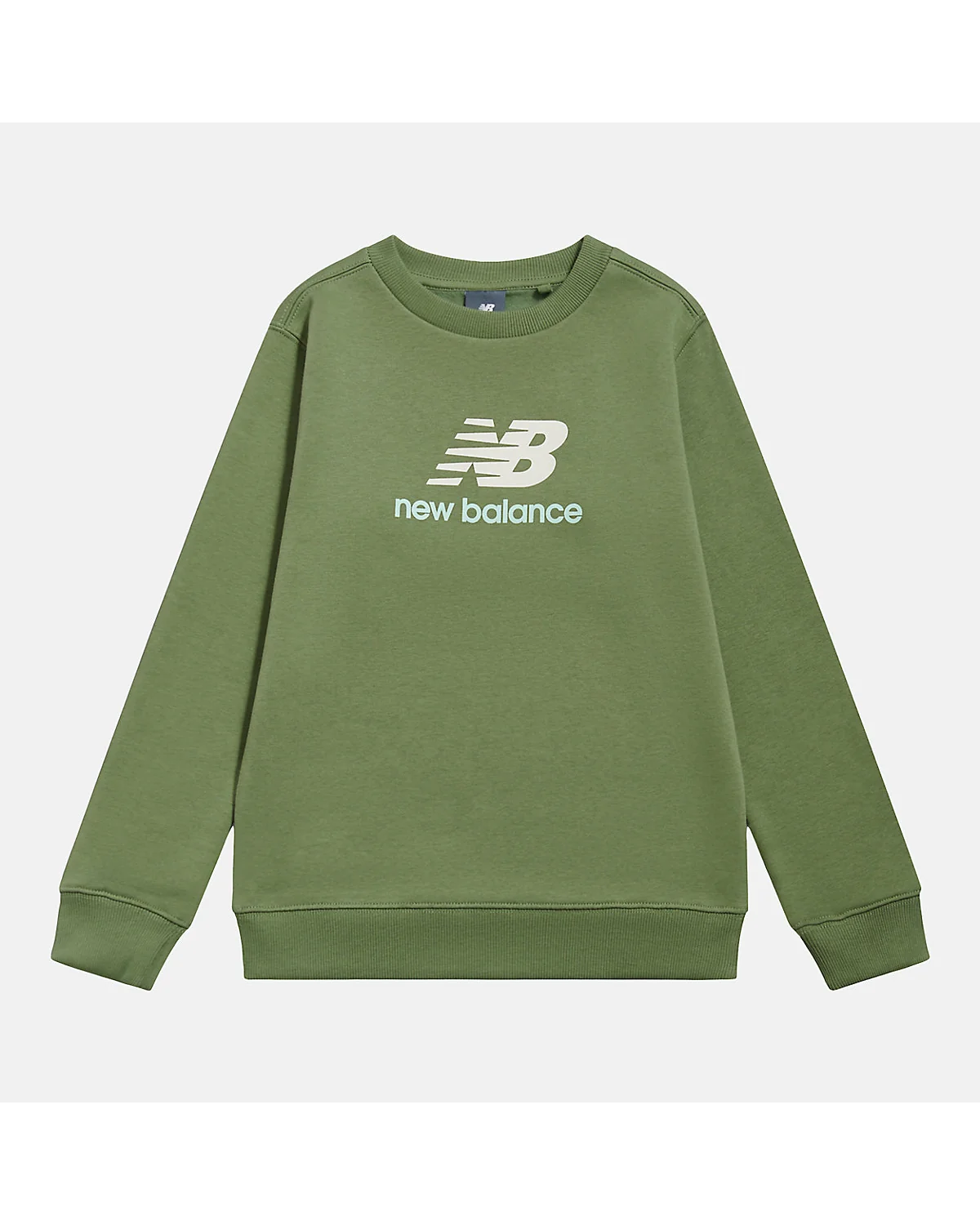 Зелёная толстовка New Balance Brush Back Stacked Logo Crew, фронтальный вид.