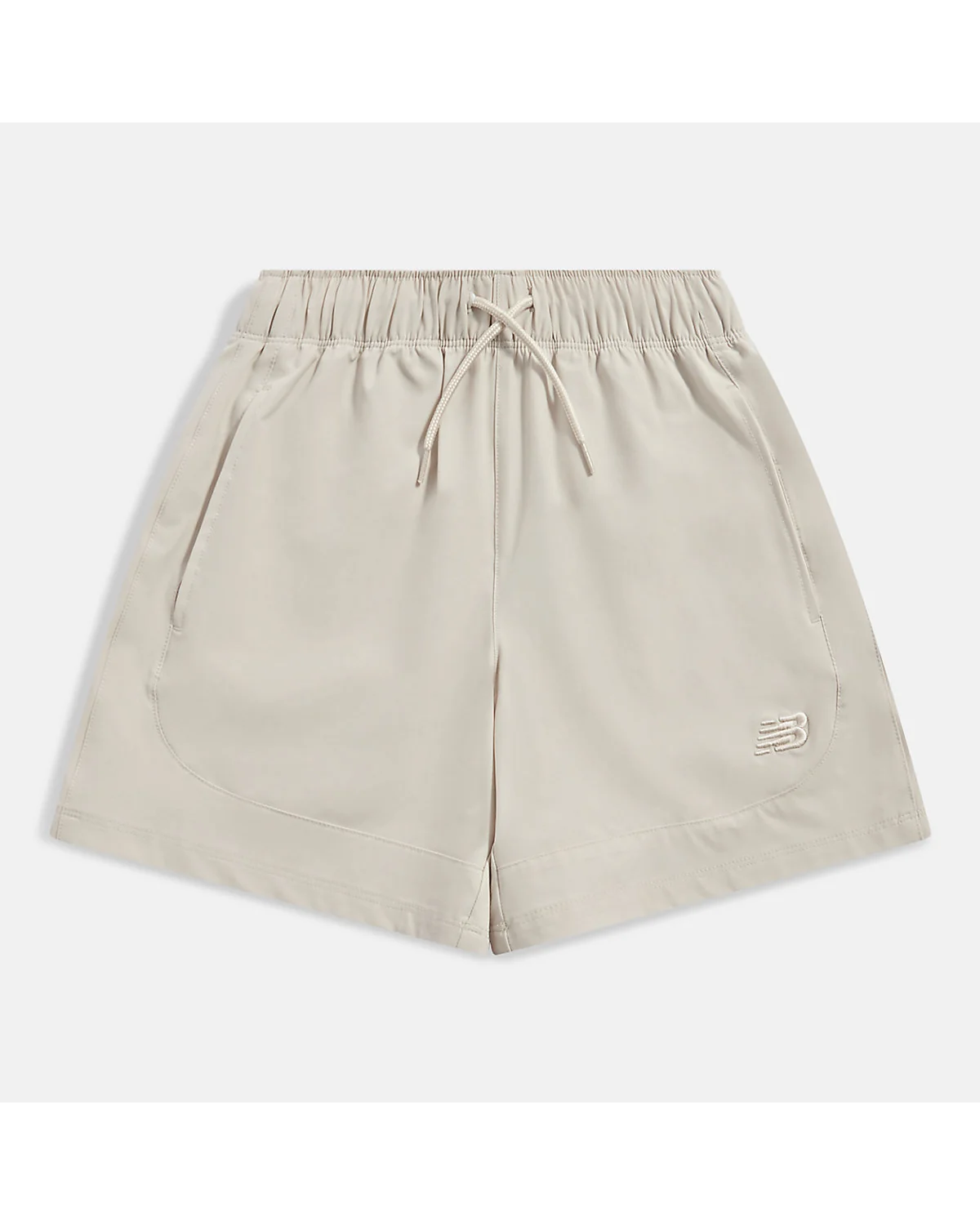 Шорты New Balance Athletics Stretch серо-бежевые, фронтальный вид.
