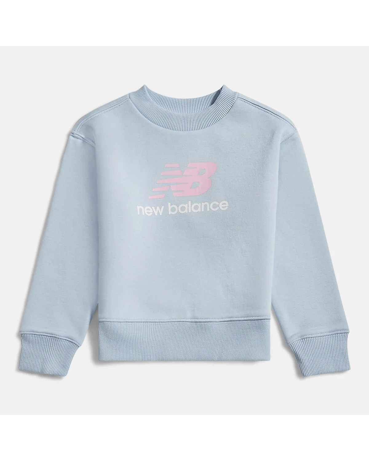 Голубой детский свитшот New Balance с розовым логотипом, вид спереди