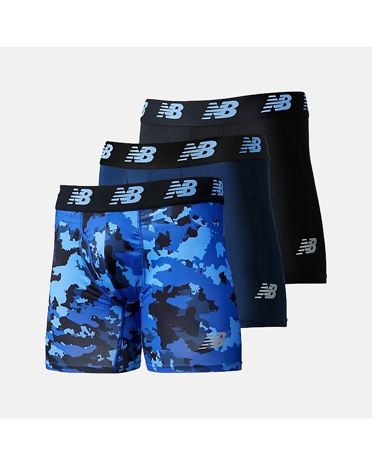 Чёрные мужские боксеры-брифы New Balance, набор из трёх штук, вид спереди.