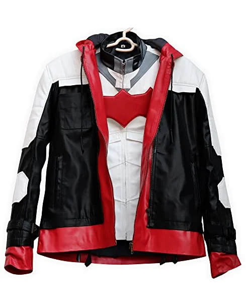 Куртка-жилет Red Hood 2-в-1 из искусственной кожи с капюшоном — изображение 3 из 5, красный с чёрным и белым
