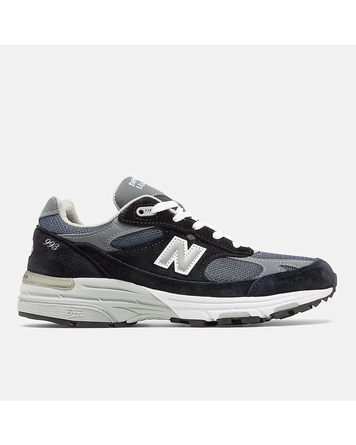 Тёмно-синие кроссовки New Balance 993 с серым и белым, вид сбоку