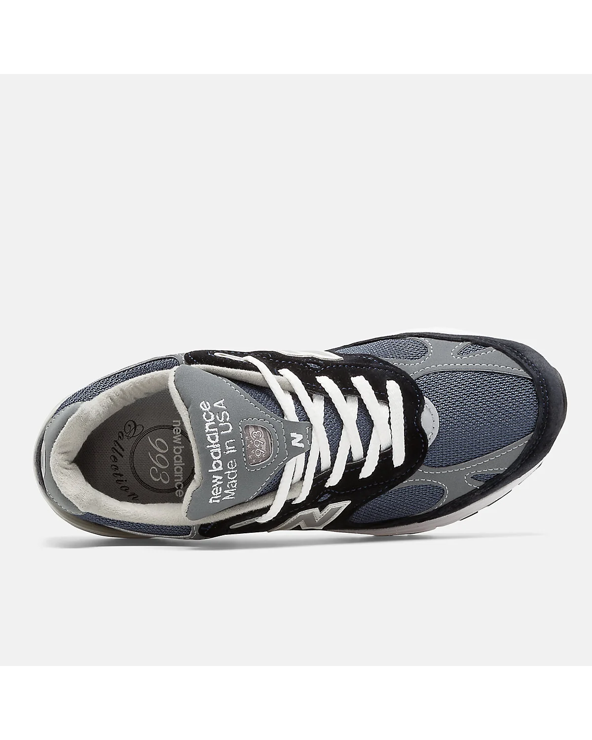 Кроссовки New Balance 993 тёмно-синие, крупный план подошвы и материалов